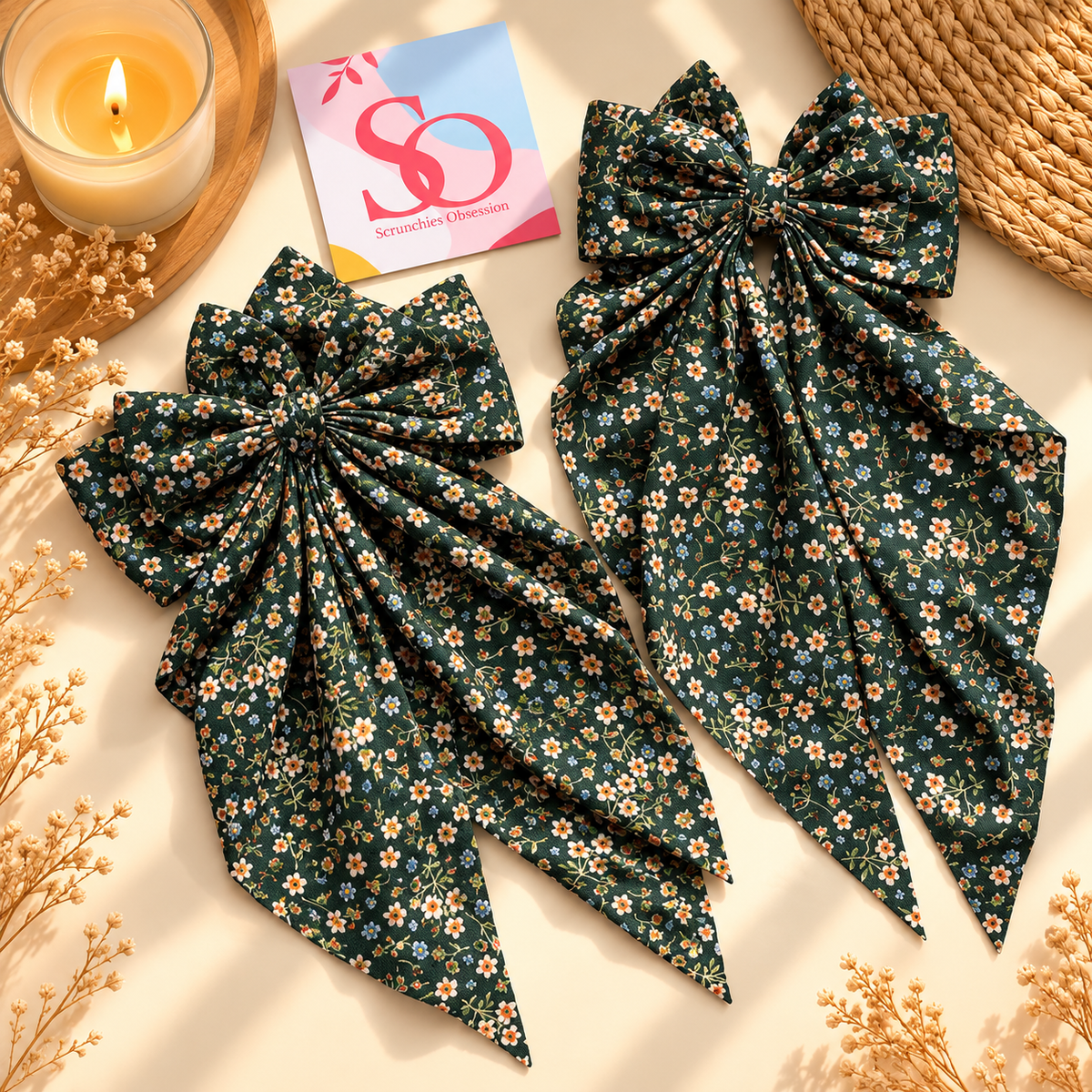Forest Green Floral Bow Combo – Set of 2