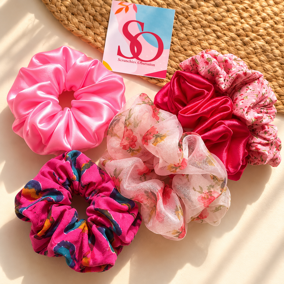Pink & Floral Scrunchies Combo – Set of 5