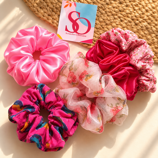 Pink & Floral Scrunchies Combo – Set of 5