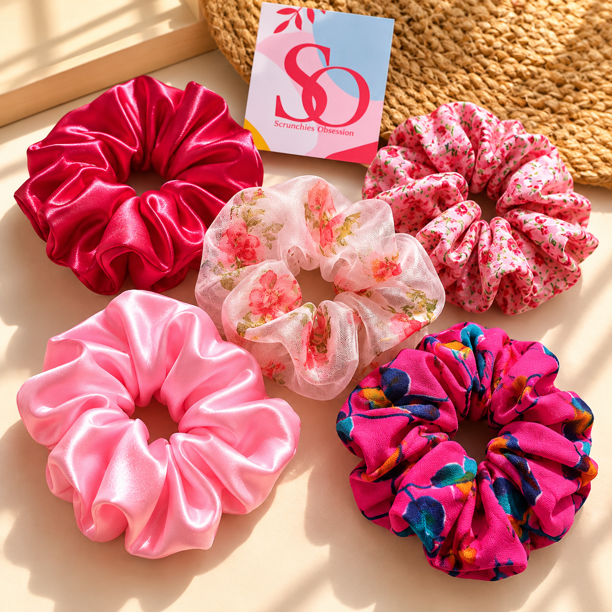 Pink Satin & Floral Scrunchies Combo – Set of 5